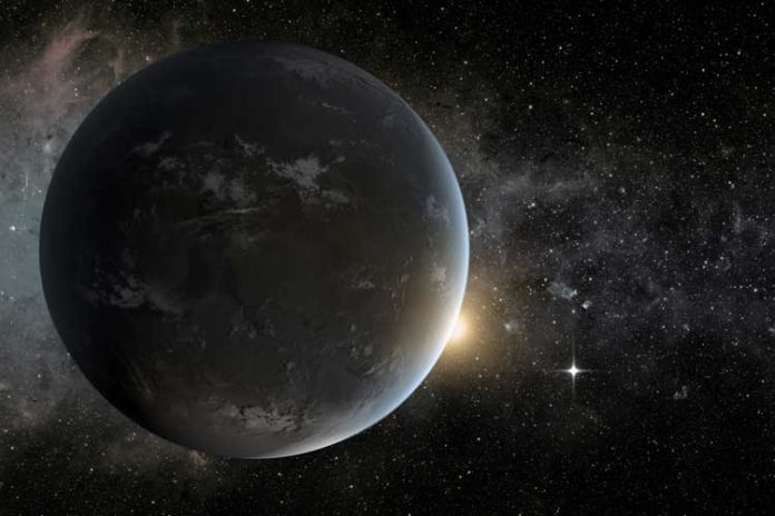 The artistic concept of a super-Earth in the habitable zone of a star smaller and colder than the sun. These large planets may have long-lasting magma oceans that generate magnetic fields capable of protecting incipient life. The chart was created to model Kepler-62f, one of many exoplanets discovered by NASA's Kepler Space Telescope, which is now unusable. (Courtesy of NASA Ames / JPL-Caltech / Tim Pyle)