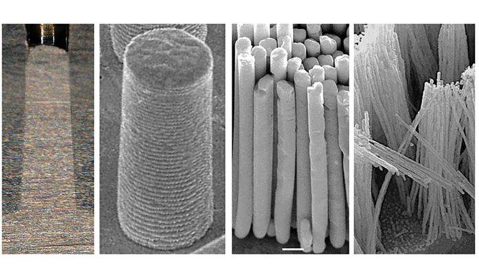 Silver nanorods made with thermomechanical molding, ranging in size from (left to right) 0.57 millimeters, 10 micrometers, 375 nanometers, and 36 nanometers. (Jan Schroers Lab)