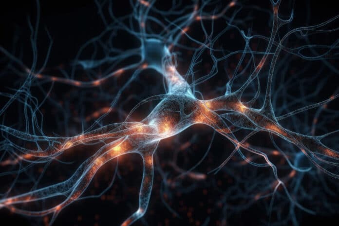 The human brain is illustrated with active nerve cells