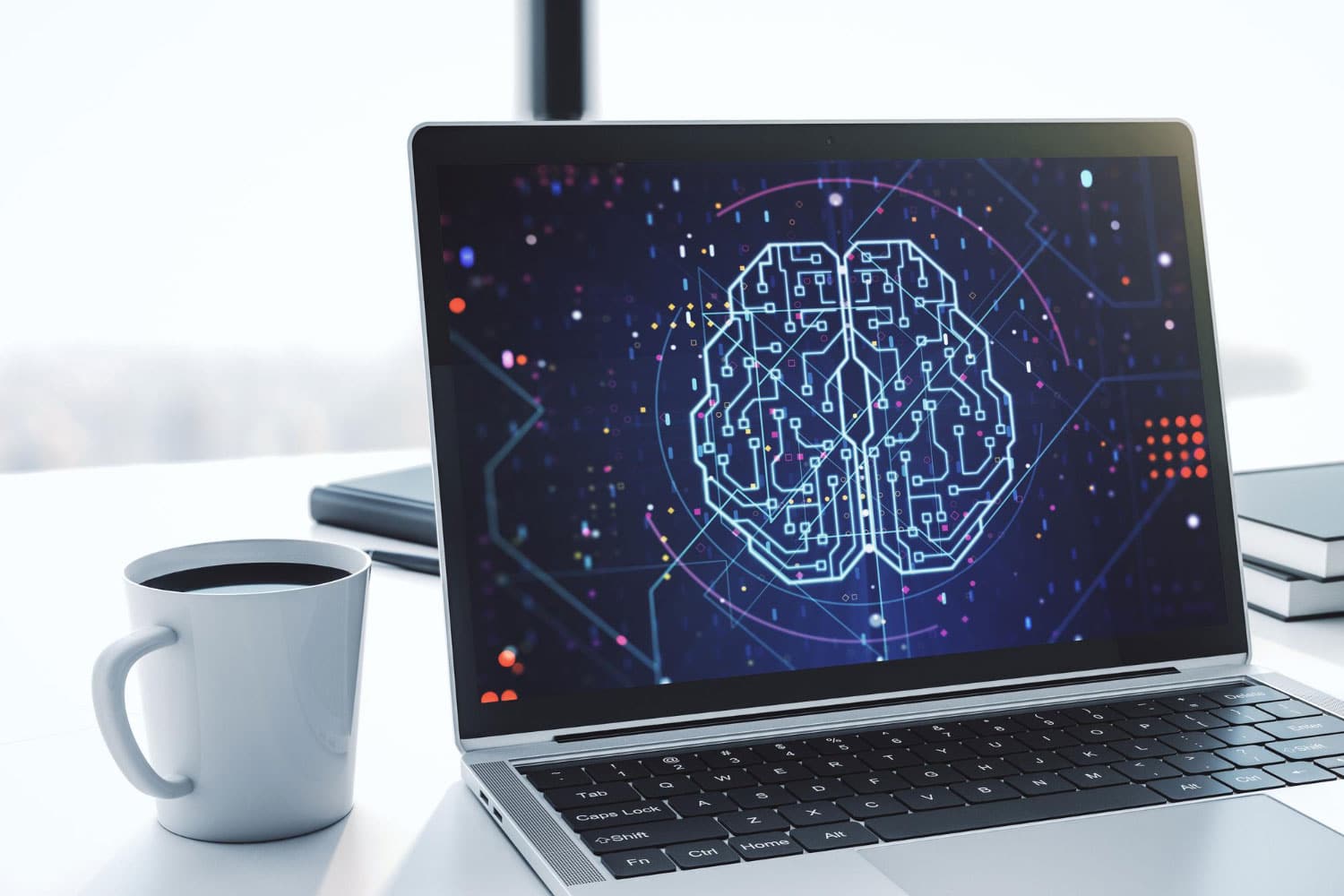 Creative artificial Intelligence concept with human brain sketch on modern laptop monitor