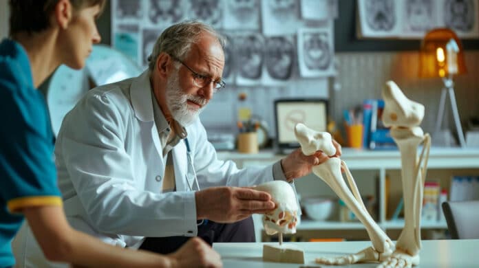 A man with a white beard and glasses looking at a skeleton