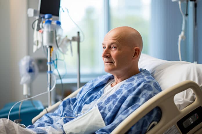 Bald mature man smiling in cancer hospital bed