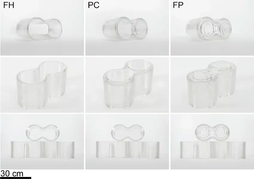 Each manufacturing method is shown from left to right: FH (Fully Hollow), PC (Print-Cast), and FP (Fully Printed).