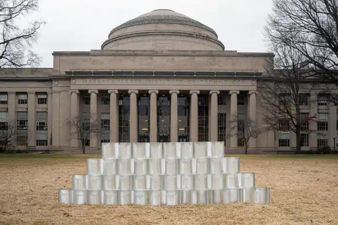 Caption:Here, the manufactured glass bricks are assembled together in a wall configuration in Killian Court.