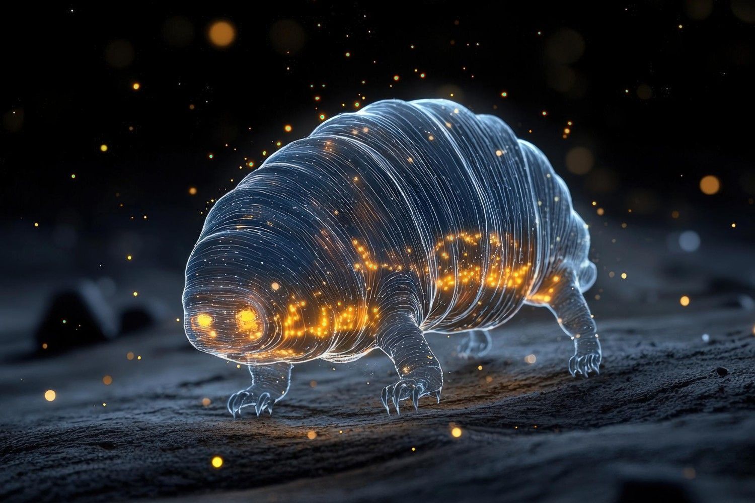 A glowing tardigrade showcases bioluminescence in a dark mysterious environment highlighting its unique resilient nature